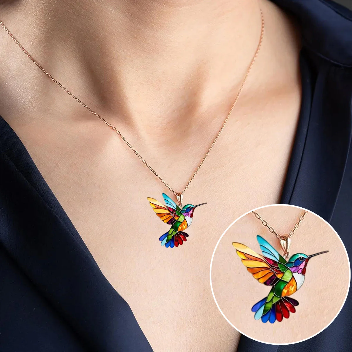 Åke™ - Mehrfarbige hypoallergene Edelstahl-Kolibri-Halskette - Image 2