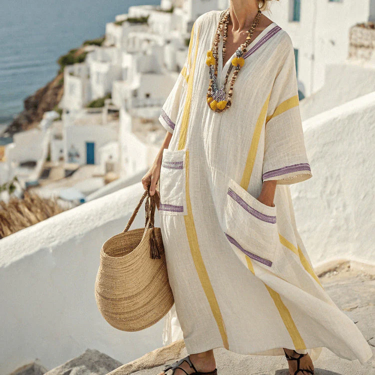 Ambre Kaftan-Kleid – Details in Sonnenblumengelb und Flieder