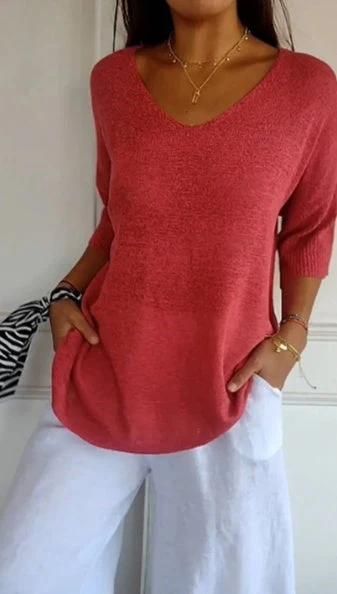 Hannah™ | Einfarbige Strickdamenbluse mit 3/4-Ärmeln und V-Ausschnitt. - Image 3