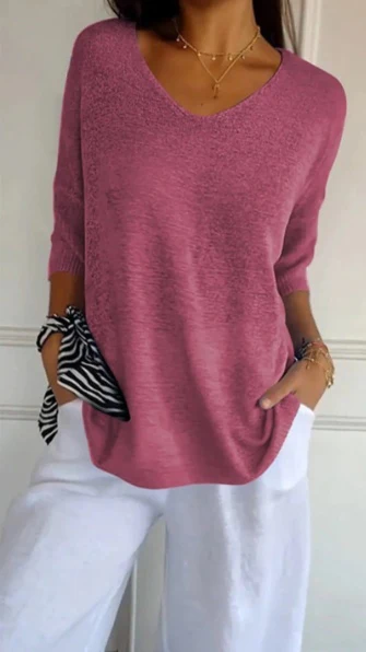 Hannah™ | Einfarbige Strickdamenbluse mit 3/4-Ärmeln und V-Ausschnitt. - Image 6