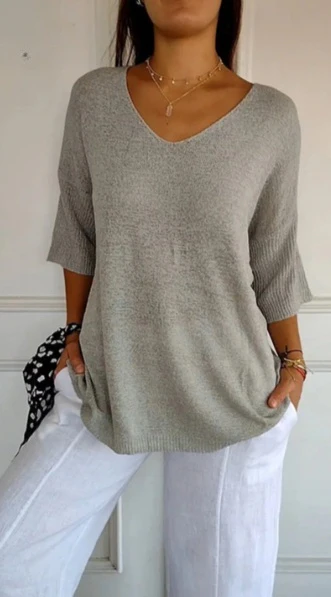 Hannah™ | Einfarbige Strickdamenbluse mit 3/4-Ärmeln und V-Ausschnitt. - Image 7