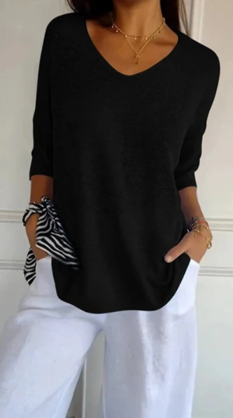 Hannah™ | Einfarbige Strickdamenbluse mit 3/4-Ärmeln und V-Ausschnitt. - Image 8