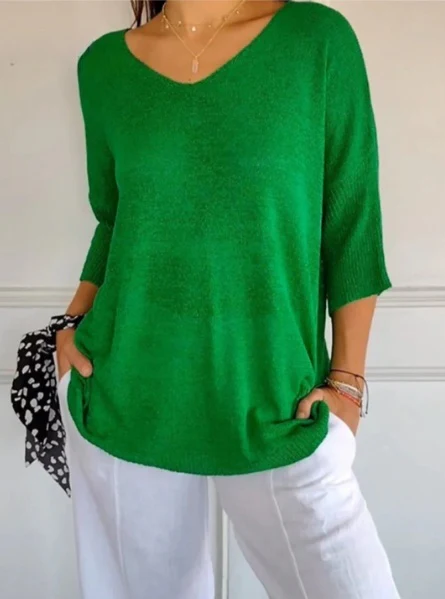 Hannah™ | Einfarbige Strickdamenbluse mit 3/4-Ärmeln und V-Ausschnitt. - Image 9