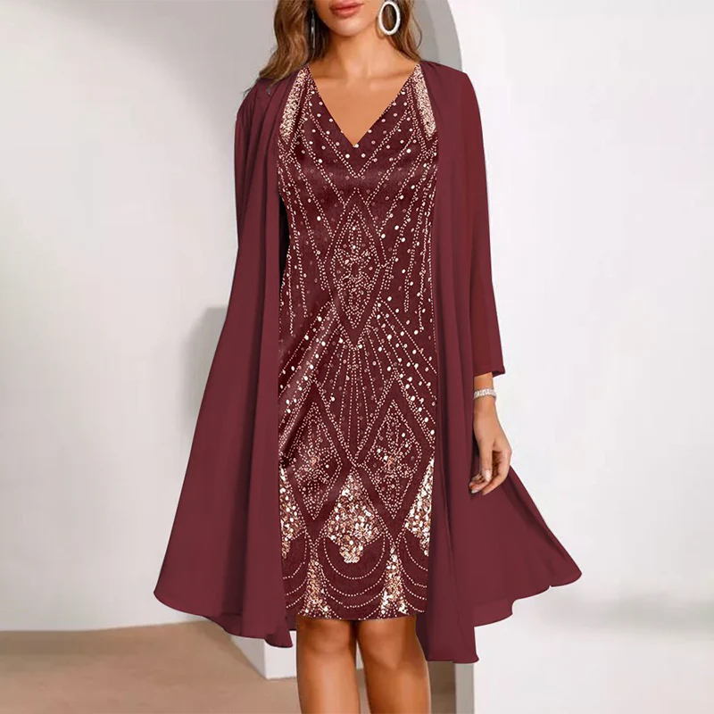 Elvara™ - Zweiteiliges Set für Damen mit V-Ausschnitt-Kleid und passendem Langen Transparenten Mantel - Image 4