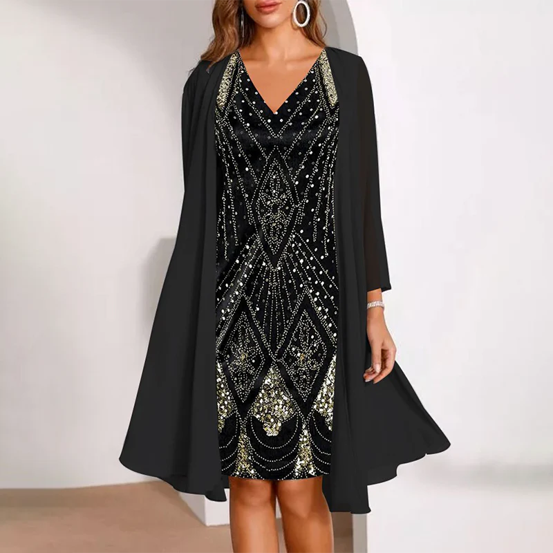 Elvara™ - Zweiteiliges Set für Damen mit V-Ausschnitt-Kleid und passendem Langen Transparenten Mantel - Image 5