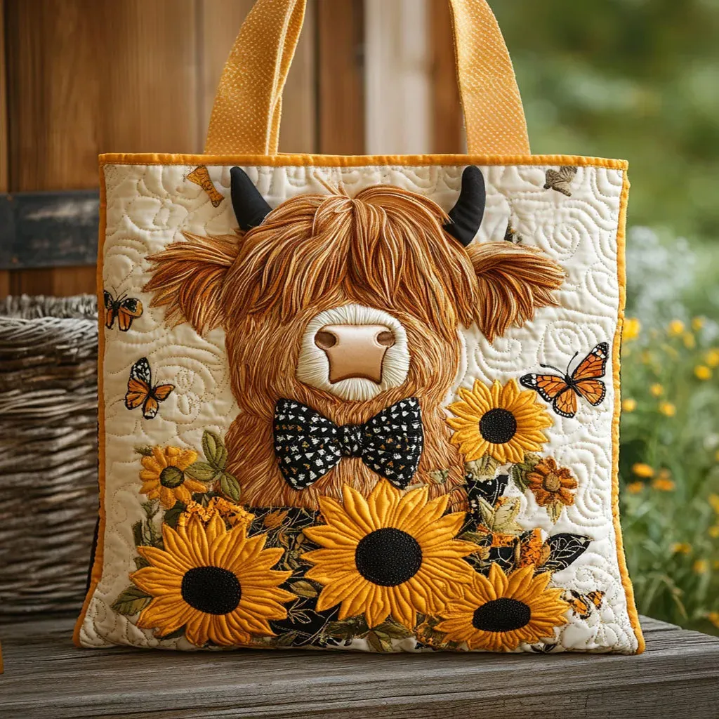Handgefertigte Tasche – Hochlandrind mit Sonnenblumen