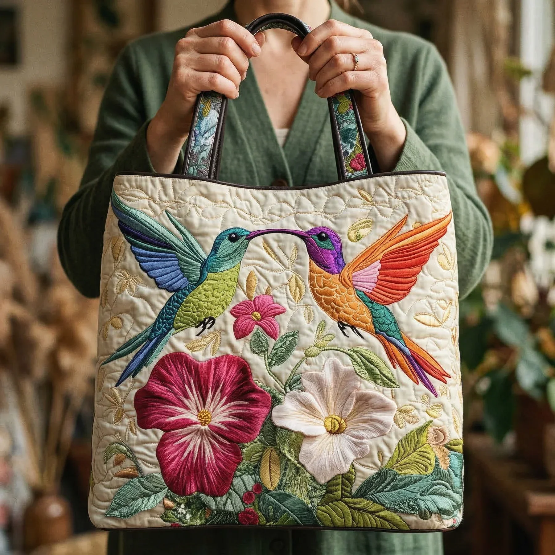 Handgefertigte Tasche – Kolibri und Weiße Blumen - Image 2