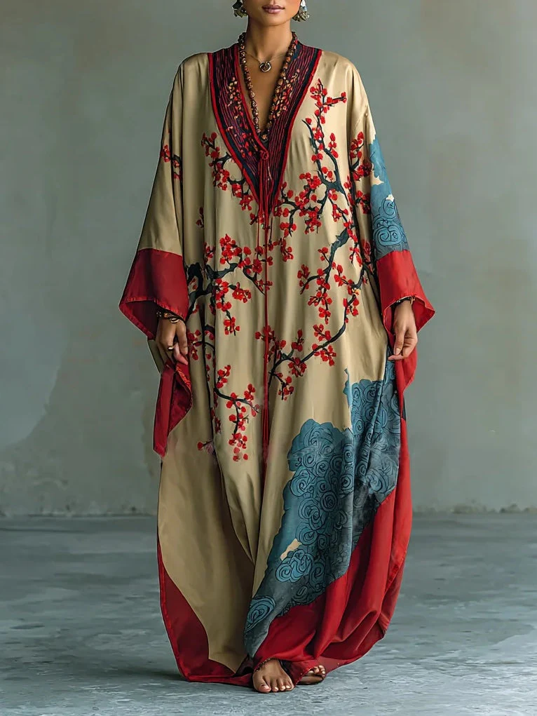 Jeza™ – Japanisches Maxi-Kleid mit roten Pflaumenblüten und Fledermausärmeln