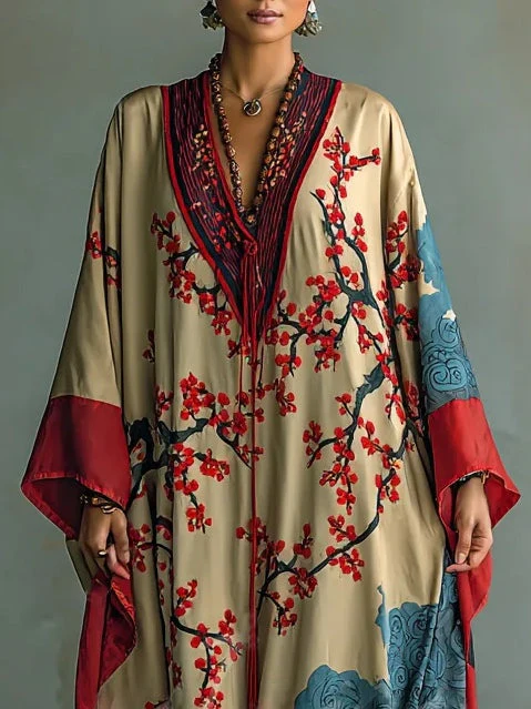 Jeza™ – Japanisches Maxi-Kleid mit roten Pflaumenblüten und Fledermausärmeln - Image 2