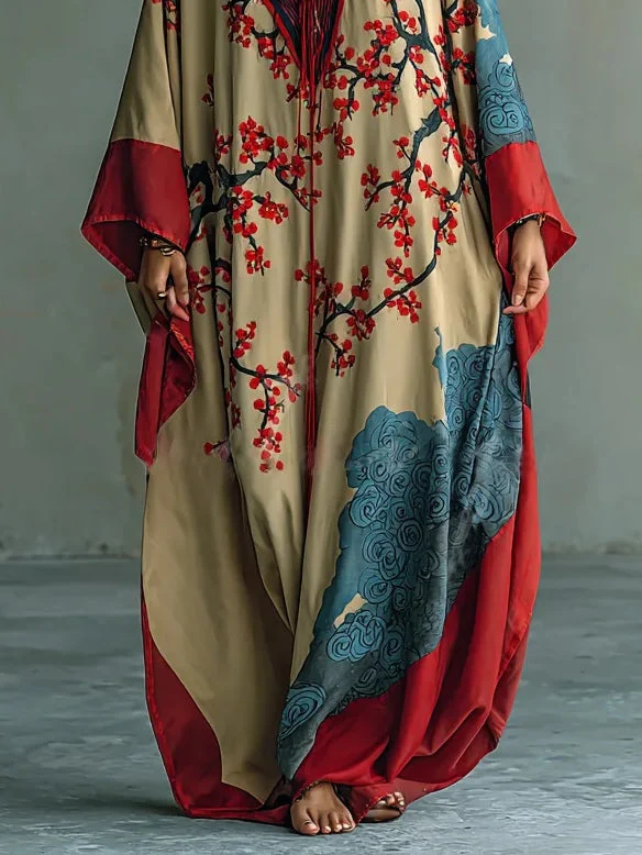 Jeza™ – Japanisches Maxi-Kleid mit roten Pflaumenblüten und Fledermausärmeln - Image 3