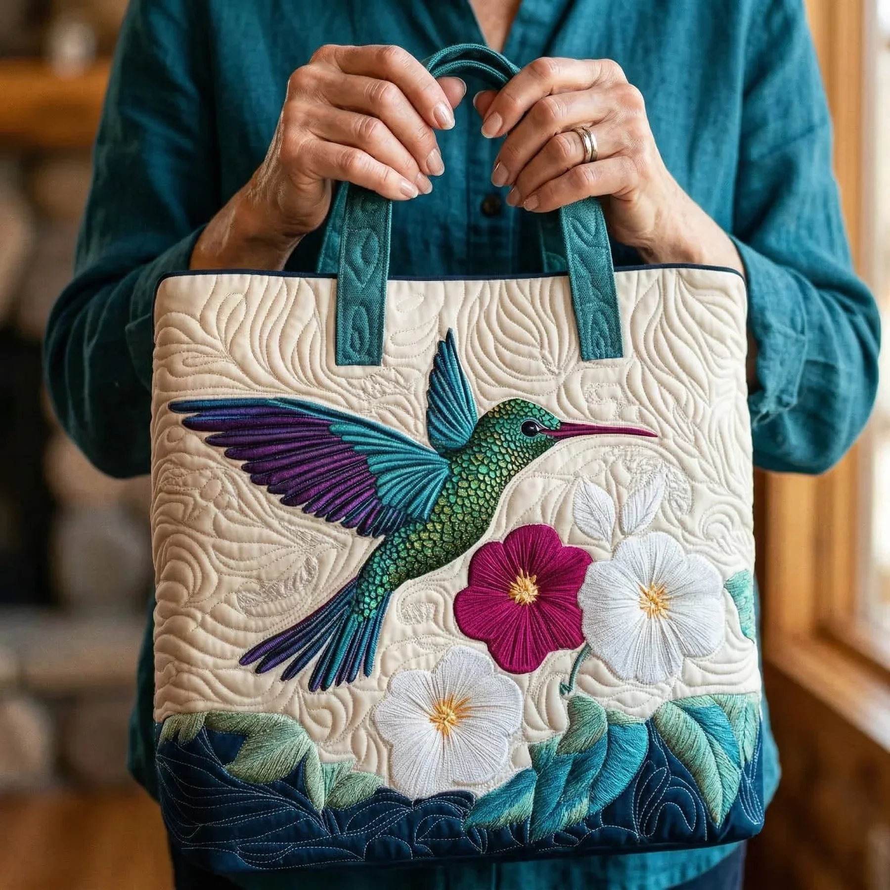 Handgefertigte Tasche – Kolibri und weiße Blume - Image 2